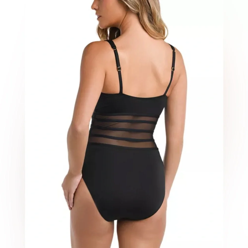 New! La Blanca Island Goddess Over the Shoulder Mesh One Piece Swimsuit Black 12